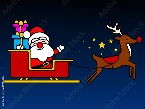 santa claus in a sleigh with gifts flies through the sky with a reindeer to deliver the gifts photo