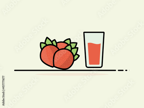 Strawberry smoothie or juice served in a clear glass, with a few strawberries on the side