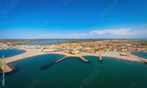 The aerial view of Saintes-Maries-de-la-Mer, the capital of the Camargue in the south of France