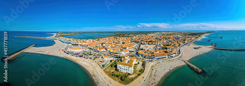 The aerial view of Saintes-Maries-de-la-Mer,  the capital of the Camargue in the south of France photo