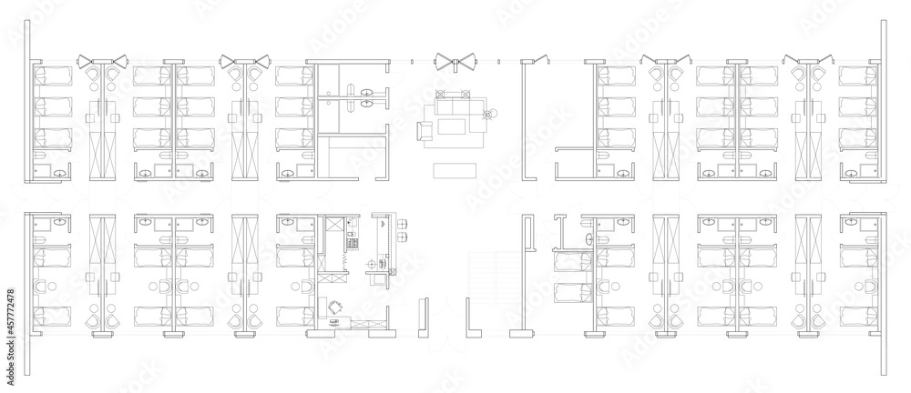 Architectural background hotel design plan in black and white.