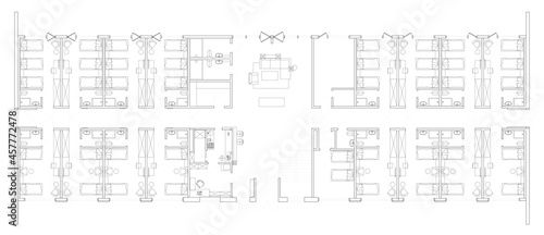 Architectural background hotel design plan in black and white.