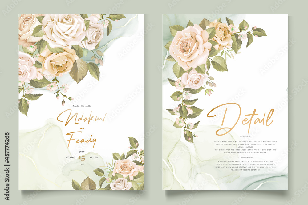 beautiful hand drawn roses wedding invitation card set