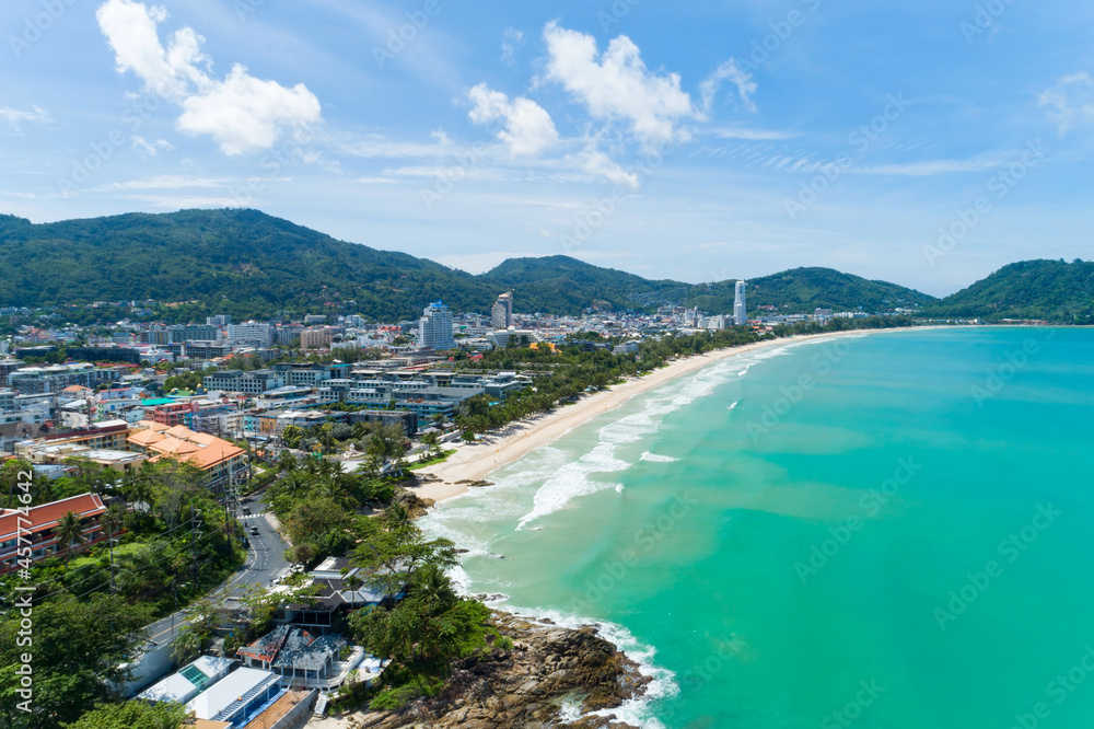 Patong beach Phuket Thailand in September 16- 2021 Amazing beach beautiful sea in andaman sea Aerial view Drone camera High angle view