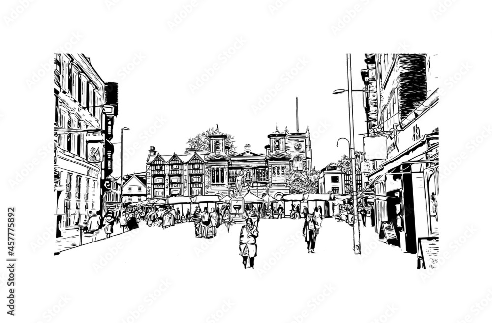Building view with landmark of Kingston is the 
city in Canada. Hand drawn sketch illustration in vector.