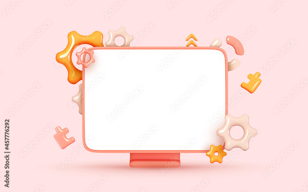 Desktop computer, blank screen monitor. Creative concept idea. Realistic 3d design icons, gear and puzzle. Configure, web repair, maintenance and website setting. Vector illustration