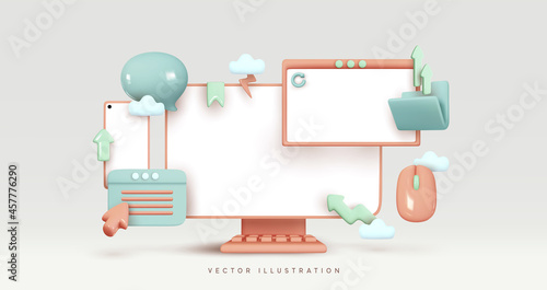 Screen device mockup. Mock up Desktop computer, blank screen monitor. Mobile phone and tablet. Creative business concept idea. Realistic 3d design Icons Message, dialog, files. Vector illustration