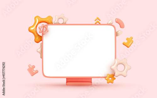 Desktop computer, blank screen monitor. Creative concept idea. Realistic 3d design icons, gear and puzzle. Configure, web repair, maintenance and website setting. Vector illustration