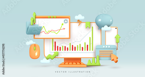 Business data analysis. Stock investment exchange. Financial statistics. Finance Infographic report market analysis. Desktop monitor computer. Creative concept idea, realistic 3d. Vector illustration