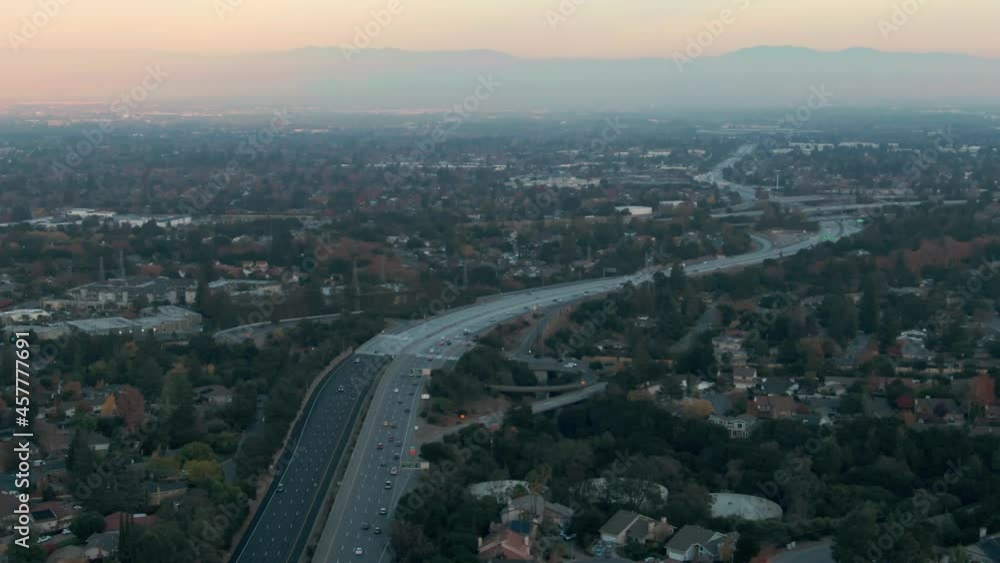 Aerial: Freeway traffic on Interstate 280. Los Altos, Silicon Valley, California, USA Aerial: Freeway traffic on Interstate 280. Los Altos, Silicon Valley, California, USA