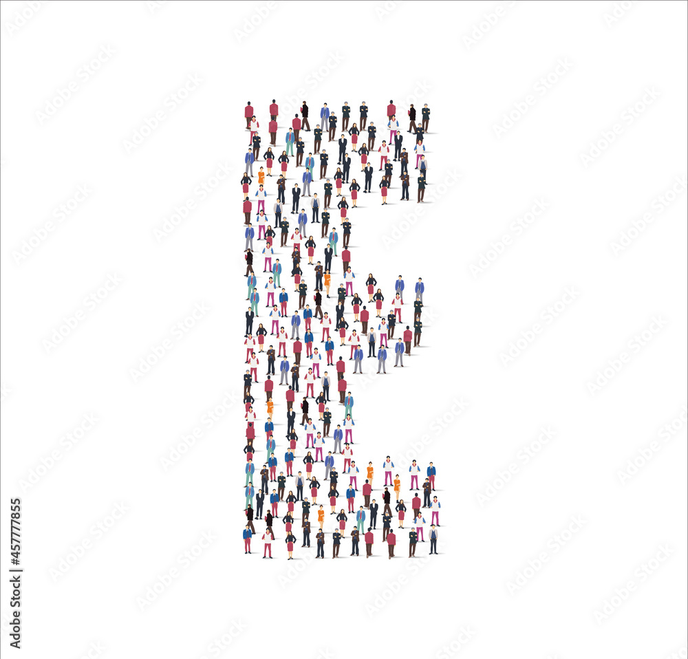Crowd of flat illustration people forming the consonant letter E symbol on white background. Vector illustration