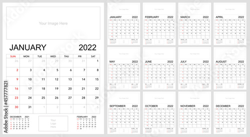 2022 Calendar Vertical Template. Calendar with Previous and Next Month in Each Page. Template with Space to Insert Photo and Logo. Letter Format Vector Illustration, Printable in Bigger Sizes.