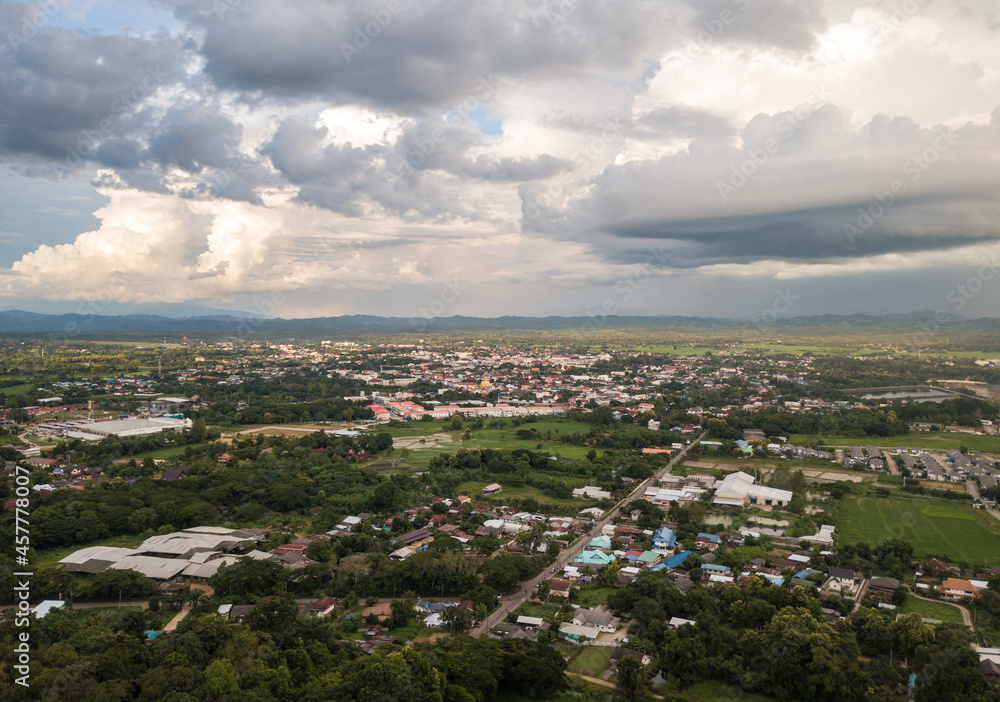 Aerial view of Nan downtown view from drone. Nan Province is a charming destination in northern Thailand with a fascinating landscape, history and culture.