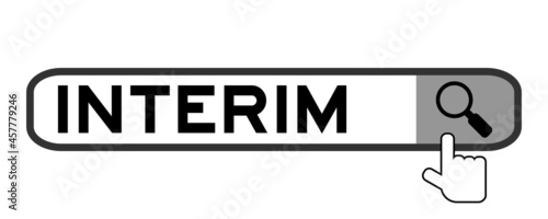 Search banner in word interim with hand over magnifier icon on white background