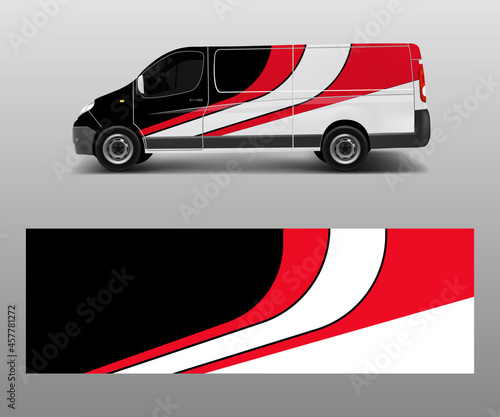 Vehicle decal wrap design cargo van vector. Graphic abstract wave background designs for advertisement company branding