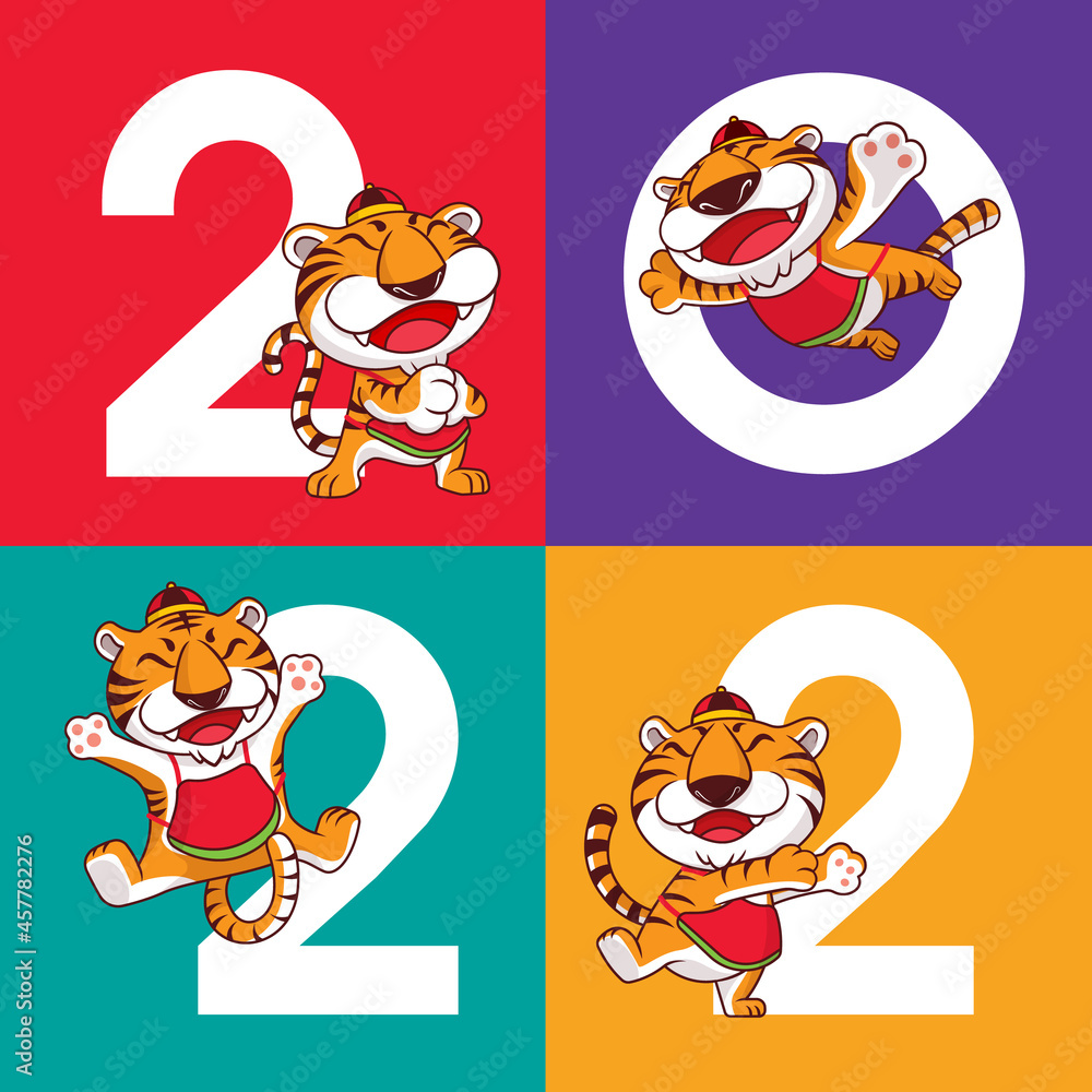 Fototapeta premium Happy Chinese New Year 2022 with a group of cartoon tigers hanging around big 2022 colourful background