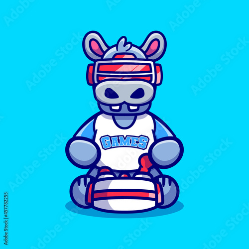 cute hippo gamer playing game with virtual reality headset