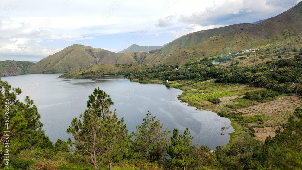 view of mountain lake in north sumatera lake toba indonesia