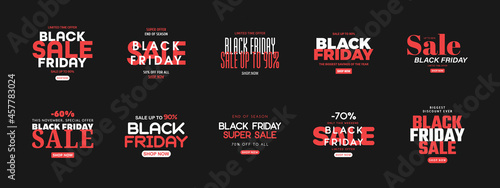 Black Friday Sale Banners Set Vector Modern Typography Design Isolated On Black Background. Typographic Template For Sales, Promotion, Special And Seasonal Offers Red White Illustration photo