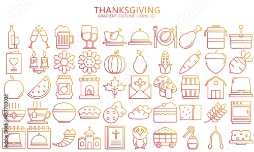 Thanksgiving day gradient icons set. Collection of holiday traditional elements, thin outline symbols. Used for modern concepts, web, UI, UX kit and applications. EPS 10 ready to convert to SVG