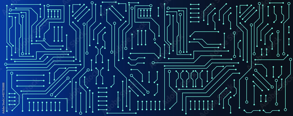 circuit board electronic or electrical line on blue engineering technology concept vector panorama background