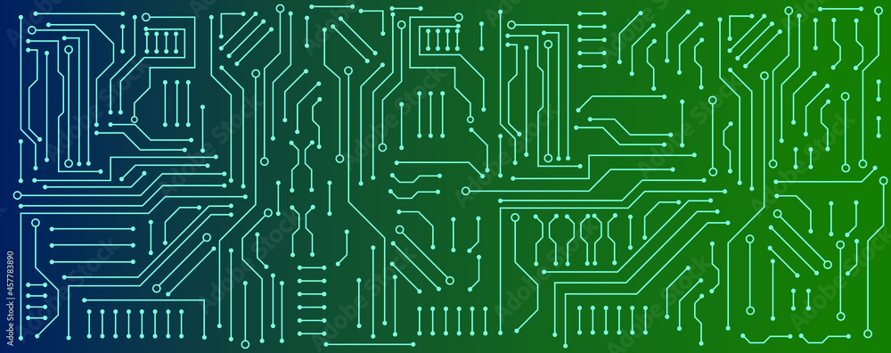 circuit board electronic or electrical line on blue and green engineering technology concept vector panorama background