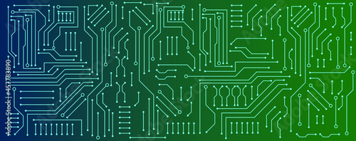 circuit board electronic or electrical line on blue and green engineering technology concept vector panorama background