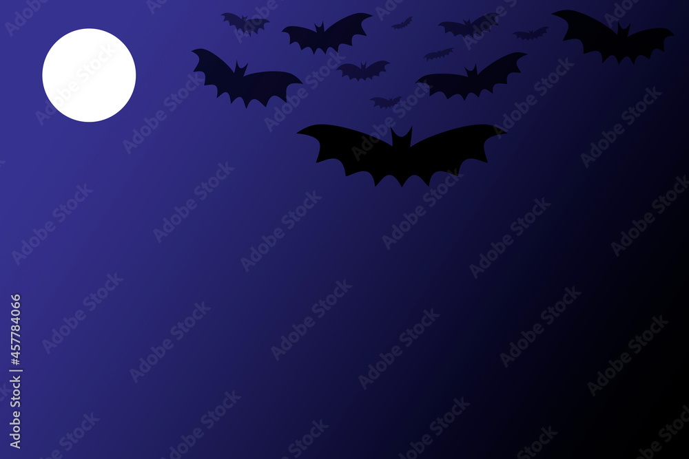 spooky Halloween purple sky and bright moon with black bats holiday illustration graphic spooky Halloween purple sky and bright moon with black bats holiday illustration graphic