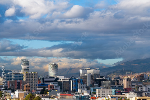 Quito aerial cityscape with modern skyscrapers at sunrise, Quito, Ecuador.