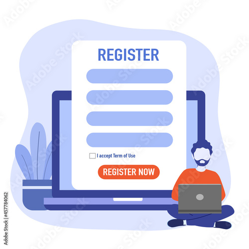 Man submitting online registration form on laptop computer in flat design.