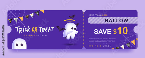 Halloween Gift promotion Coupon banner or party invitation background with cute ghost  