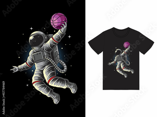 Astronaut basketball slam dunk in space illustration with tshirt design premium vector