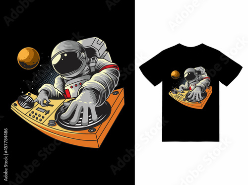 Astronaut playing dj in space illustration with tshirt design premium vector