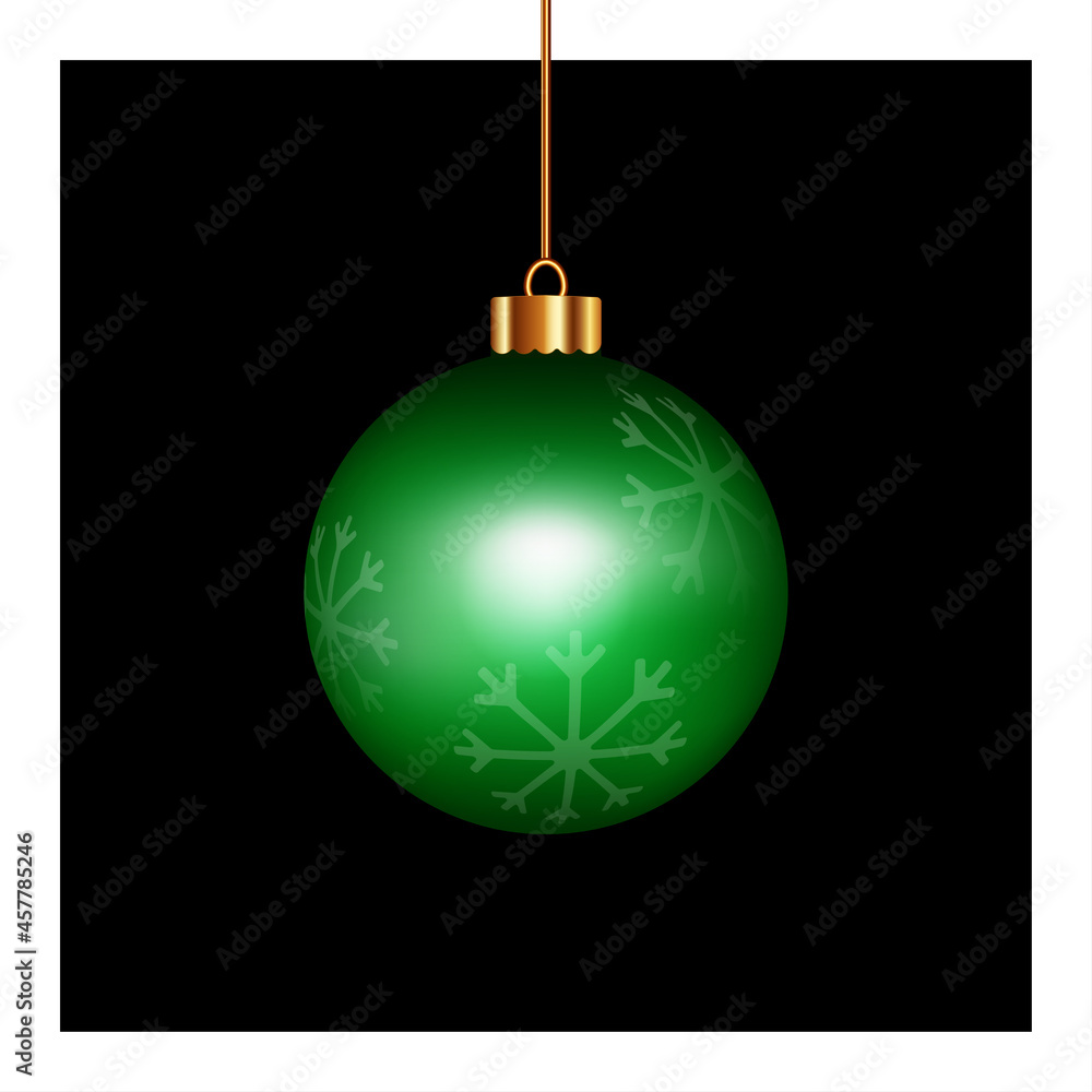 Green Christmas ball decor with snowflakes shaped hanging isolated on black background. Realistic bauble green ball decoration for New year, Christmas, tree, festive, banner. Vector illustration.