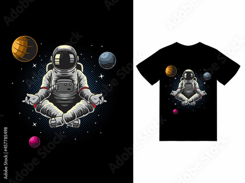 Astronaut yoga meditation in space illustration with tshirt design premium vector