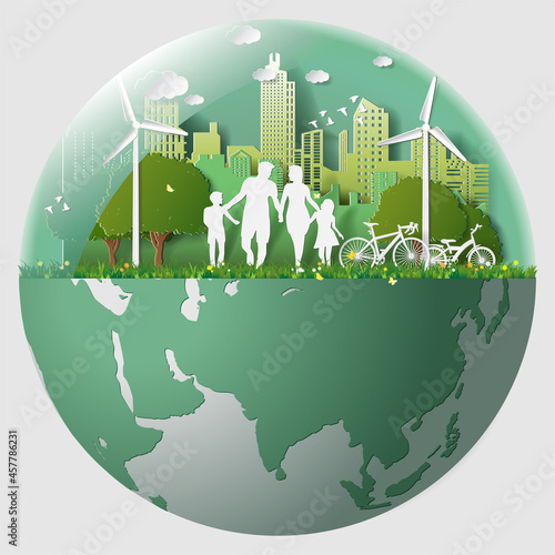 Paper folding art origami style vector illustration Green renewable energy ecology technology power saving environmentally friendly concepts, family parent boy girl walk in city parks in glass beads