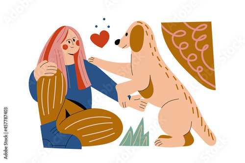 Dog owner girl hug pet vector illustrations.Young woman cuddle with companion puppy. Friendship between teenager and dog. Canine shelter concept. Domestic animal Human best friend. Isolated on white