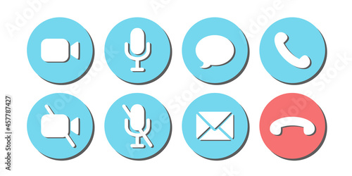 Virtual hangouts icons for conference call. Shadowed on and off video, sound, message, mail and call icons isolated on white background. Flat vector illustration