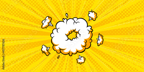 Surprising boom cloud in halftone background for sales and promotions. Banner template for surprises and bursting events. Vector illustration in pop art style