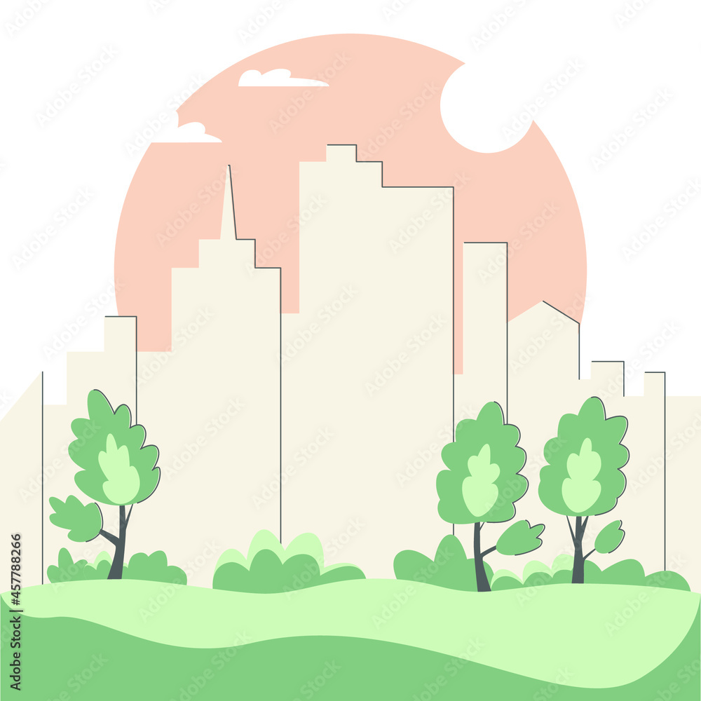 City and park vector illustration. Park background large metropolis. Green zone City
