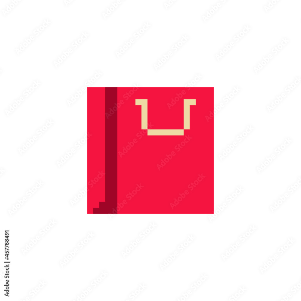 Shoping application. Red paper bag. Pixel art flat style. Icon for