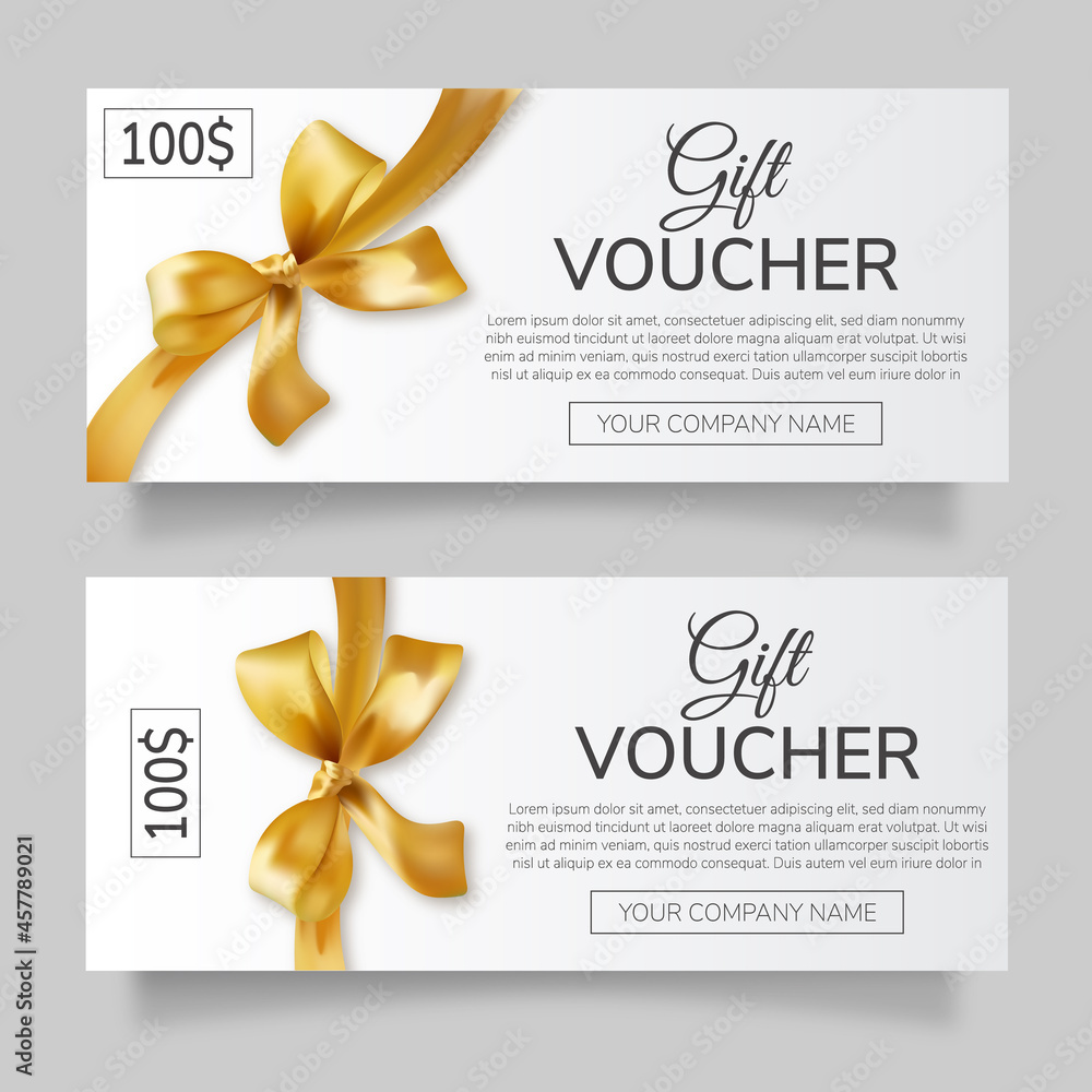 A set of gift vouchers with a gold bow and ribbon on a white background with a place for your text.  - obrazy, fototapety, plakaty 