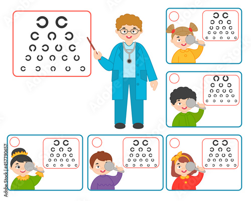 Game for kids. Doctor oculist pointing at children eyesight test chart symbols. Optometrist checking kid eyesight. Printable Worksheet vector illustration