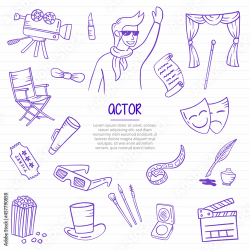 actor job or jobs profession doodle hand drawn with outline style on paper books line