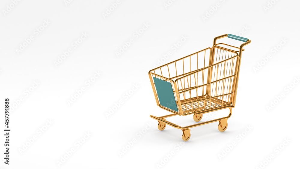 Gold shopping cart on a white background, 3D rendering, 3D rendering, 3D illustration.