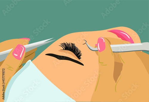Woman s face. Eyelash Extension. Procedure for eyelash extension. Master tweezers add the false or fake cilia to the client. Stock vector illustration