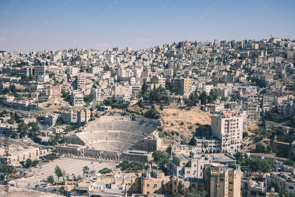 city aerial view of Roman Amphitheatre, Amman, Jordan