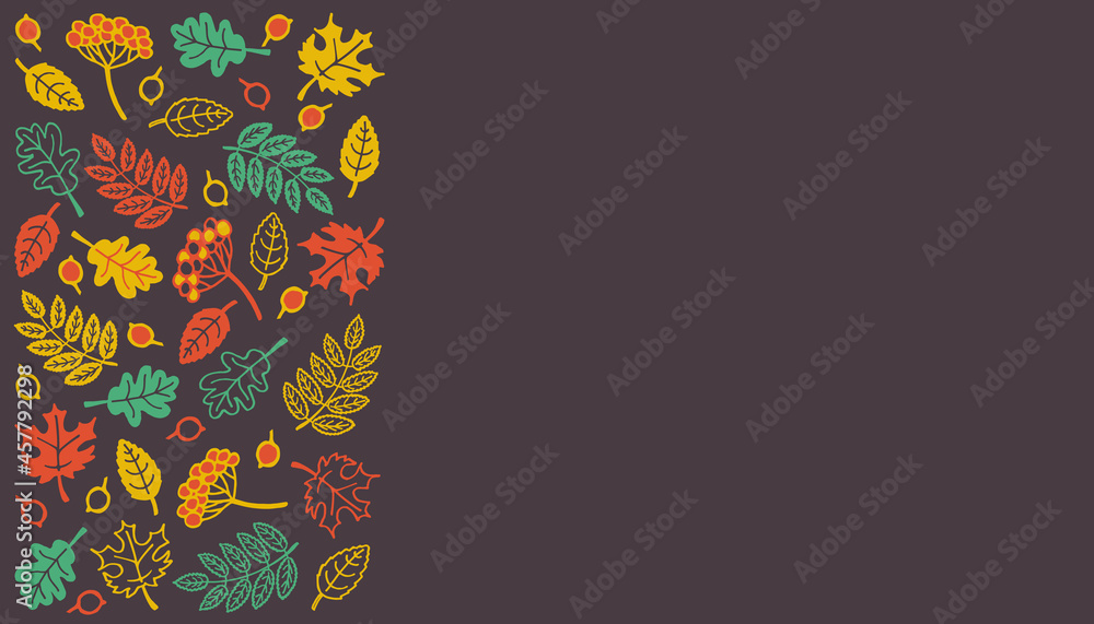 Autumn themed copyspace with Fall leaves and berries in bright contrast red, yellow and green colors on a dark rich brown background Autumn themed copyspace with Fall leaves and berries in bright contrast red, yellow and green colors on a dark rich brown background