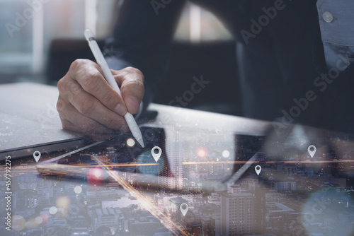 Fotografie GPS map, pin address location on mobile apps, social media marketing plan, business and technology concept