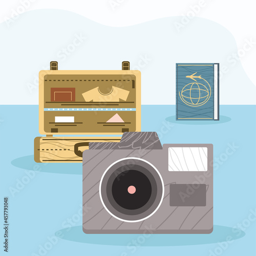 camera with travel icons